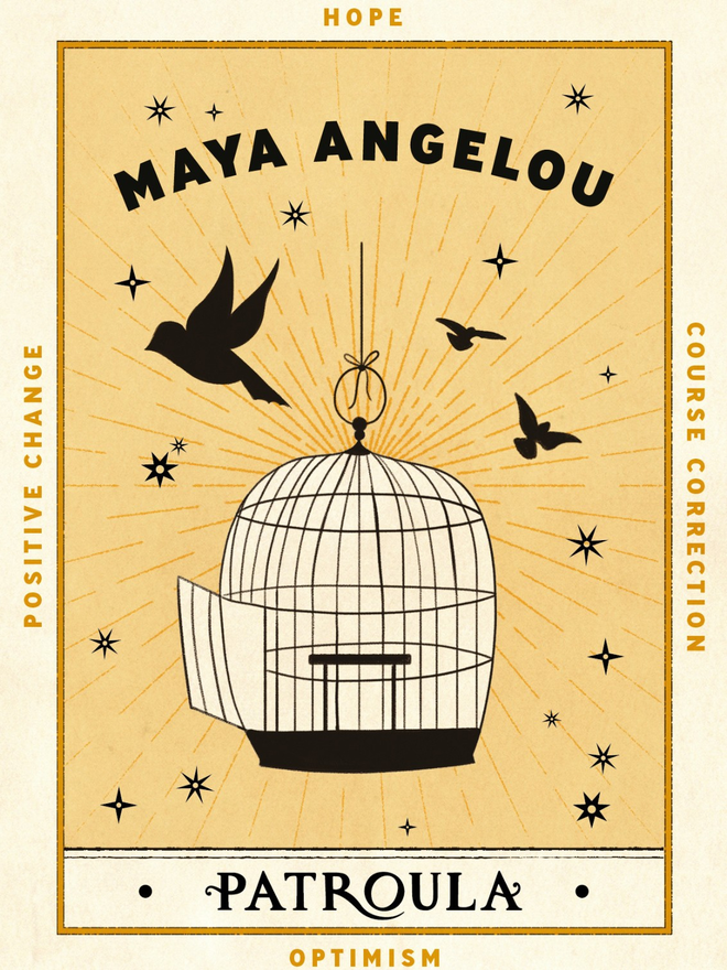 Yellow Maya Angelou card with illustration of birds flying outside a cage