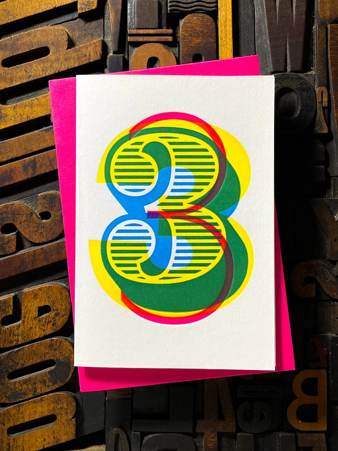 3rd birthday anniversary typographic letterpress card. Deep impression print. Unique with no print being the same. They show slight colour variations adding to the style. Also available in other milestones : 1, 2, 16, 18, 21, 30, 40, 50, 60, 70, 80.
