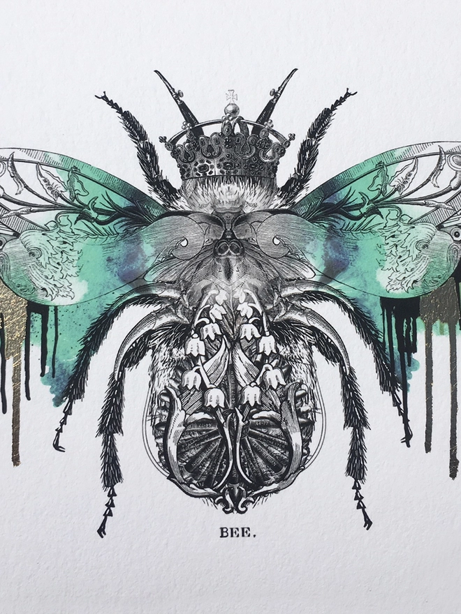 Queen bee limited edition giclee print hand finished with gold leaf - digital print tattoart