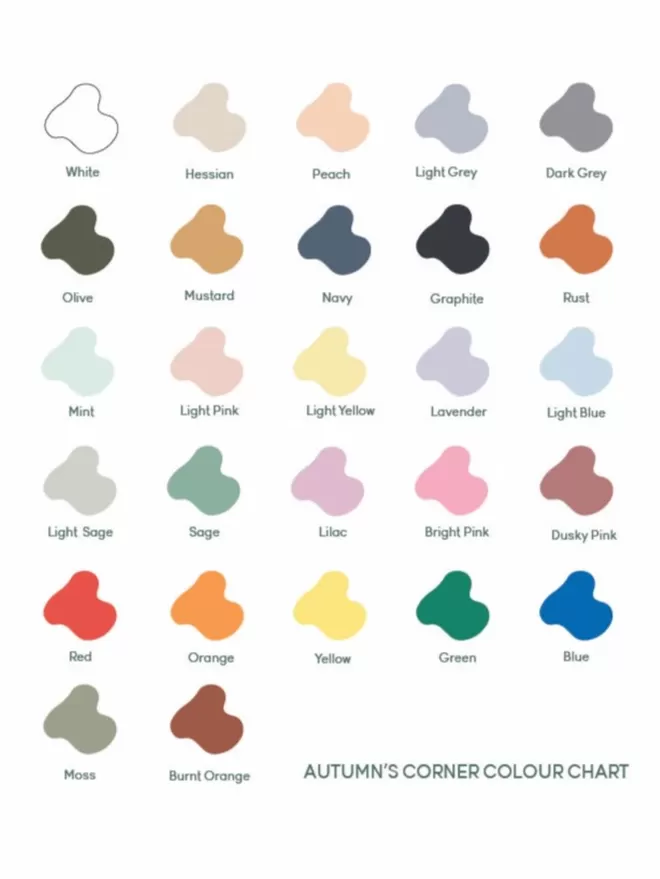 Our Autumn's Corner colour chart. 27 beautiful colours to choose from.