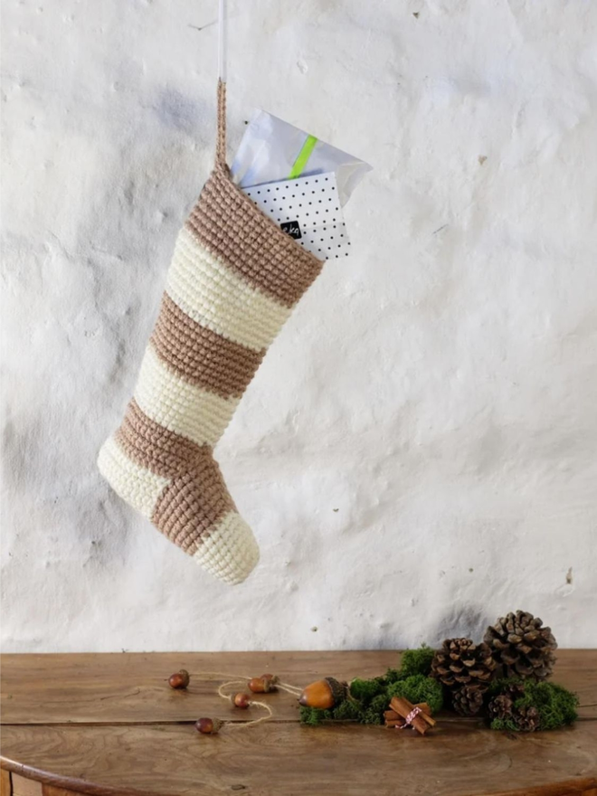 Handmade Striped Christmas Stocking in Beige & Cream