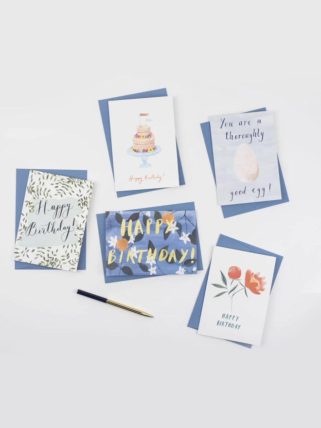 Pack of 5 illustrated birthday cards