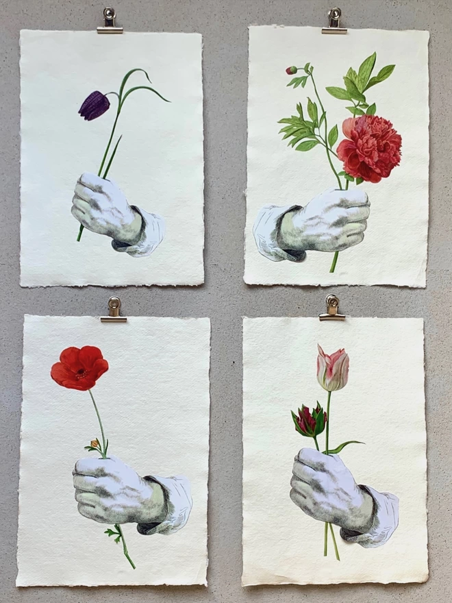 A series of four collage artworks of a hand holding flowers.