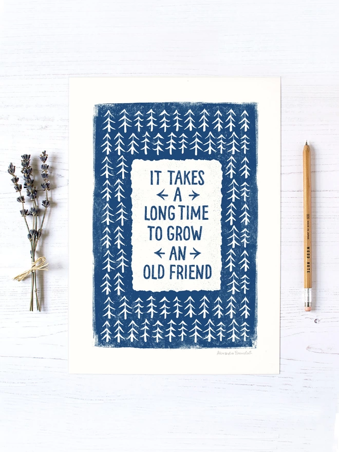 blue and white friendship print gift with old friend quote next to lavender and wood pencil