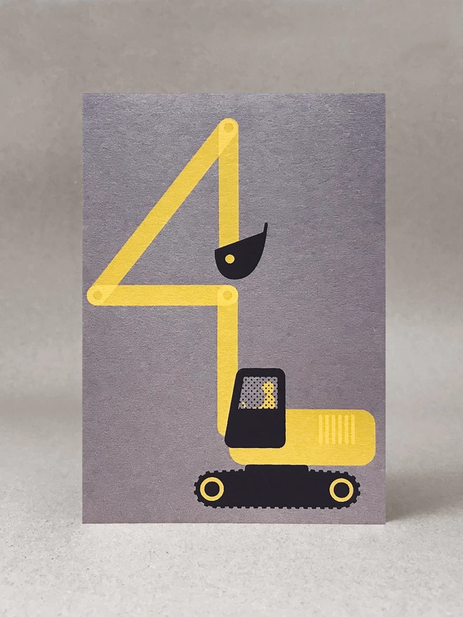 A yellow and black digger, with its arm bent into a number 4 shape - screenprinted onto a grey card. Its is stood in a light grey studio with soft shadows.
