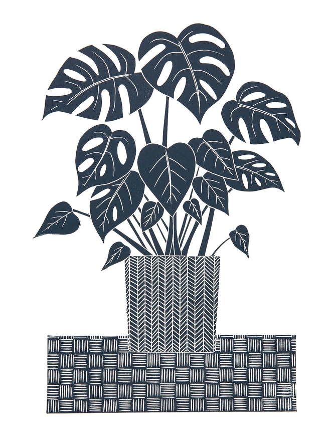 Picture of a Monstera Houseplant in a pot, taken from an original Lino Print 