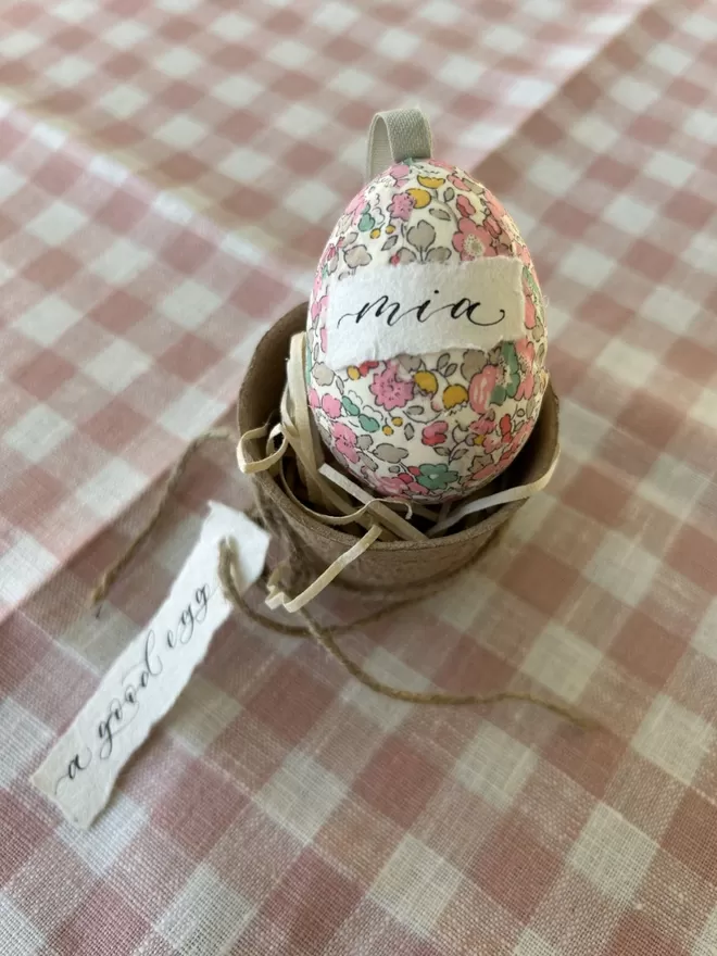 Personalised Liberty fabric decorative egg with a good egg label