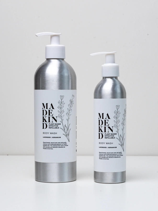 Two sizes of body wash in aluminium bottles