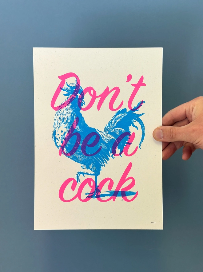 Hand holding an A4 screen print of a blue cockeral illustration with the words Don't be a cock over the top in flouro pink typography