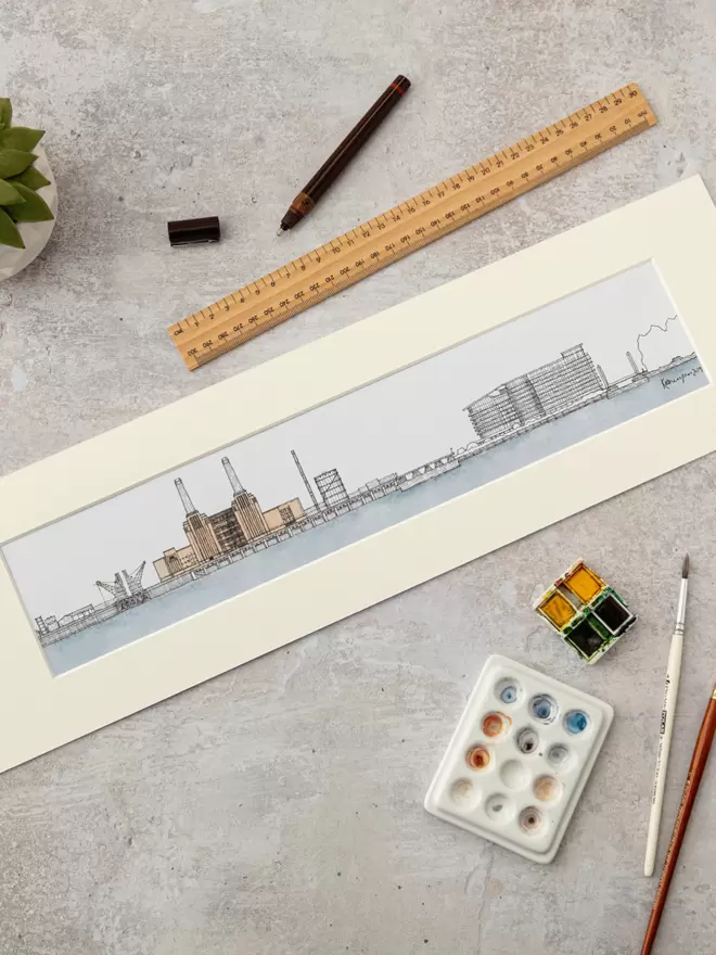 Detailed pen and watercolour drawing of Battersea Power Station, London, in a soft white mount