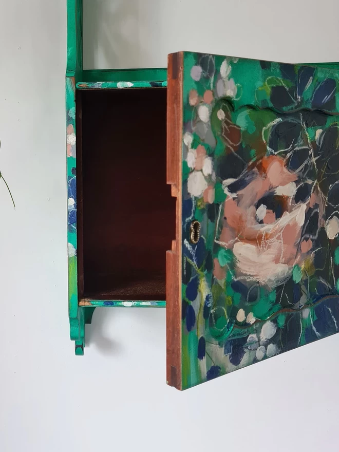 Upcycled bespoke hand painted floral wall shelf