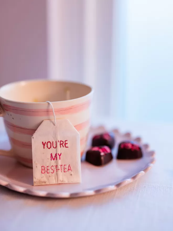 Embroidered You're my Best -tea teabag on cup and saucer 