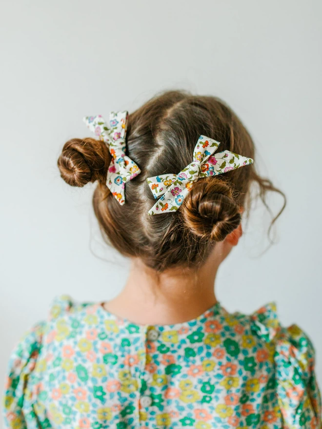 Liberty hair bows set of two on girl with long brown hair