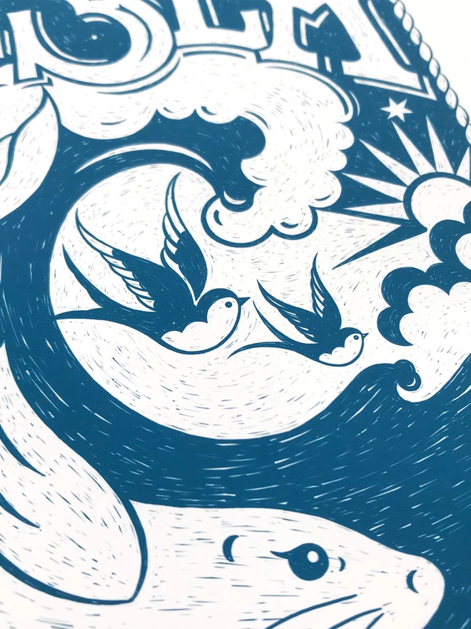 detail of blue and white sea print
