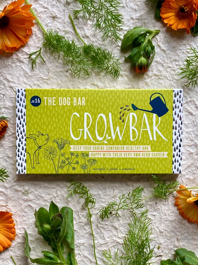 The Dog Growbar on a bed of wonderful orange calendulas, fennel and soothing camomile.