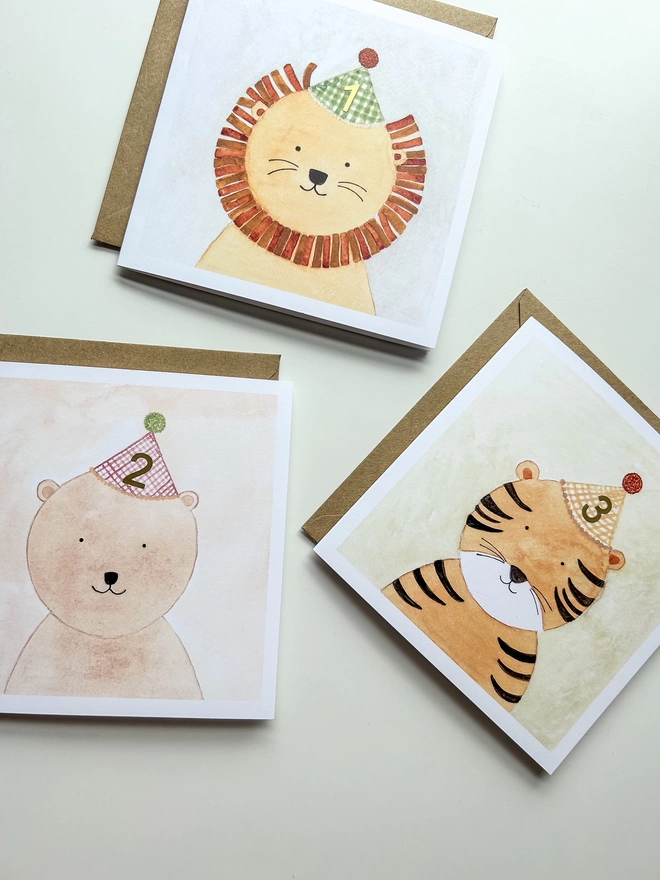 Lion, Bear and Tiger Birthday Cards