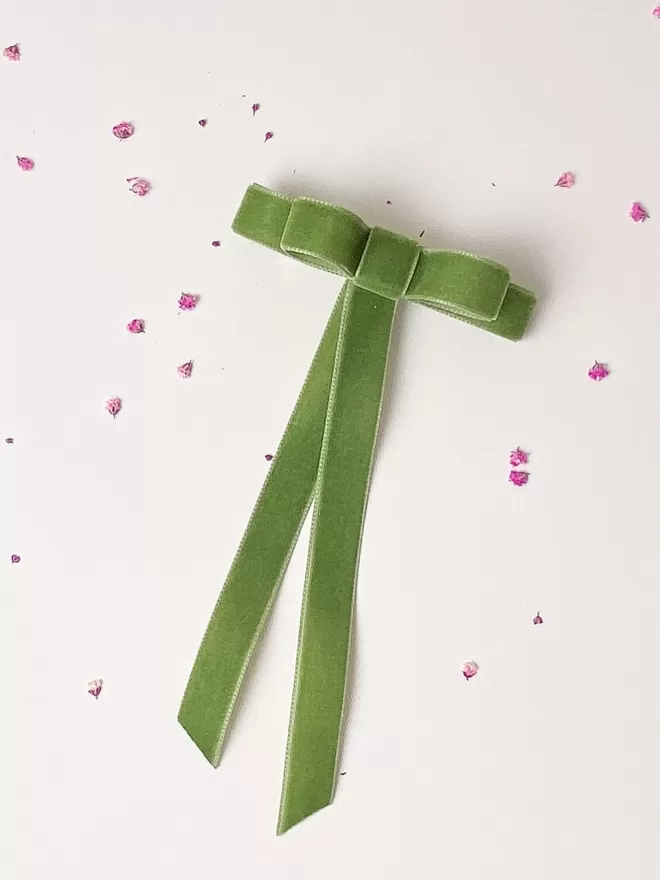 Velvet Bow in green handmade by Runaround Retro 