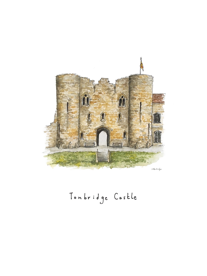 Beautiful watercolour illustration of Tonbridge Castle, Tonbridge, Kent.  A wonderful sandstone coloured castle with two turrets either side of an arched entrance. A flag sits at the top and to the left a slightly eroding wall. The green castle lawn and steps down to the grass sit in front of the arch. The watercolour style is painted with a black pen outline and organic loose style with small details. The illustration sits on a white background.