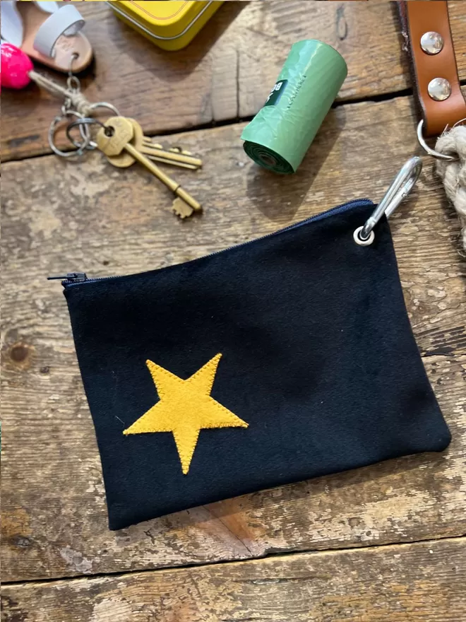 Black Velvet with Gold Star Treats and Poo Bag Pouch