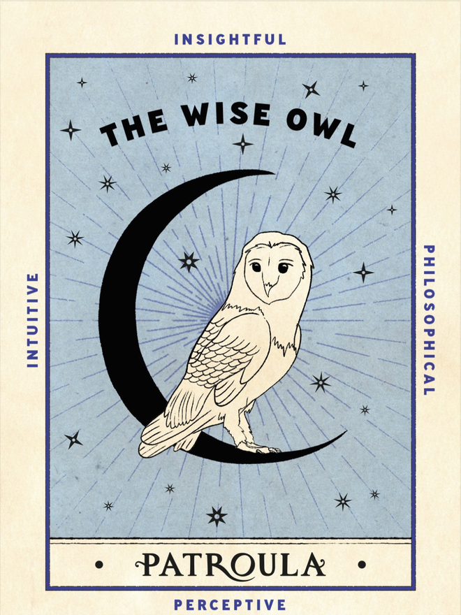 Blue card with illustration of an owl sitting on a crescent moon with the words the wise owl