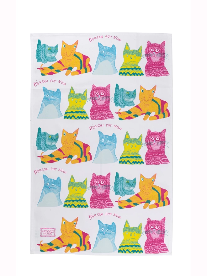Close up of miaow for now 100% organic cotton charity tea towel in blue pink & yellow