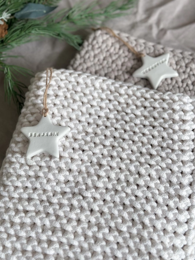 hand knitted christmas stocking ecru Zuri House