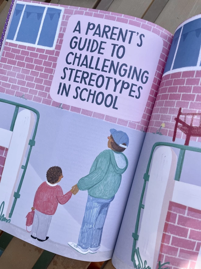 Illustration of a man dropping a child at school, with the title 'aparents guide to challenging stereotypes in school' inside Sonshine magazine issue 21