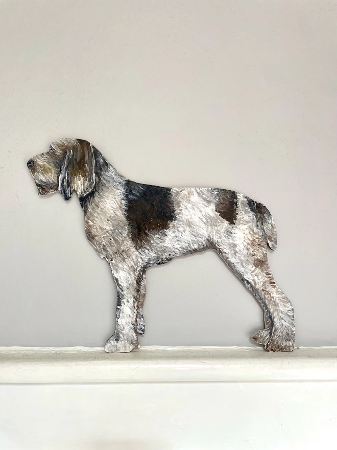 Italian Spinone wooden handpainted dog portrait stood up on a shelf