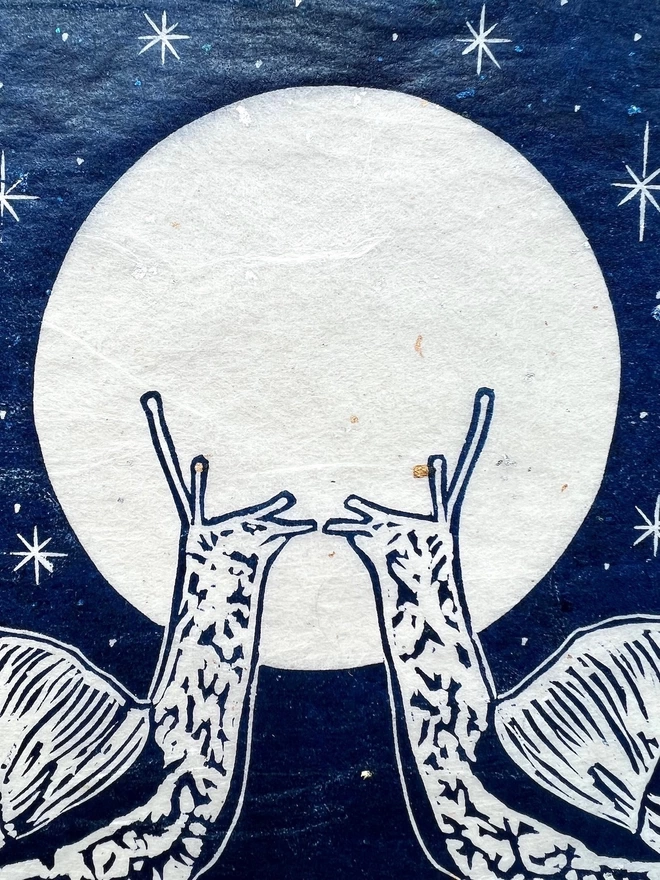 snails and full moon detail linocut print