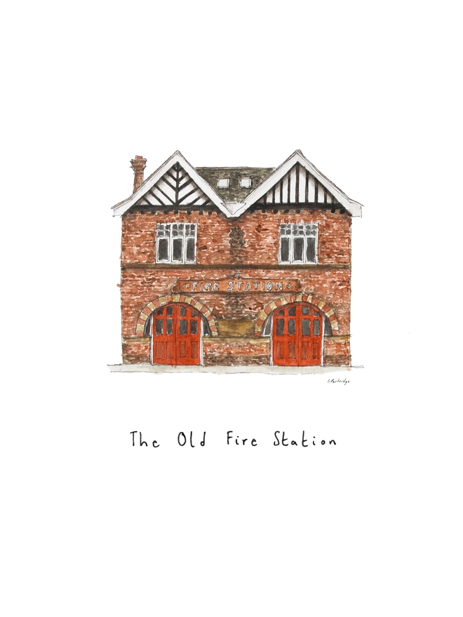  A black and white Beautiful watercolour illustration of The Old Fire Station in Tonbridge.  A brick building with two red framed arched double doors. The watercolour style is painted with a black pen outline and organic loose style with small details. The illustration sits on a white background.