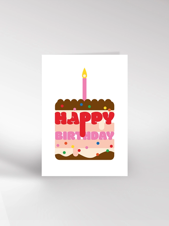 Happy Birthday cake card with candle, icing and sprinkles