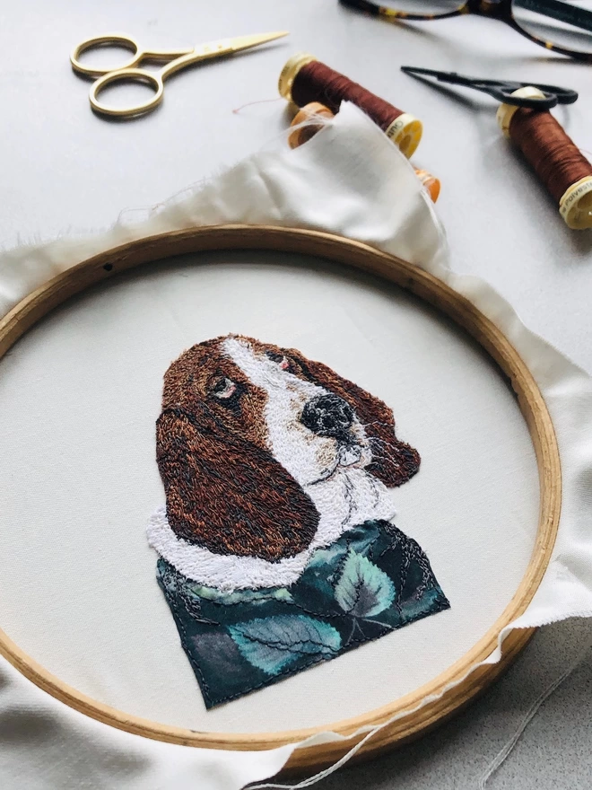 photo showing the making of an embroidered pet portrait of a Basset Hound