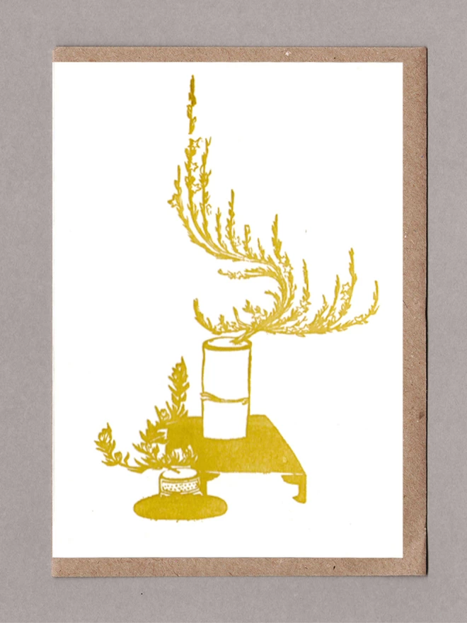 Gold ikebana illustration on white card