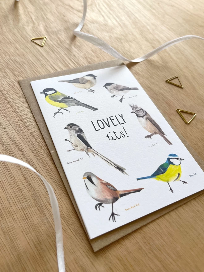 A greetings card featuring a range of tit birds found in Britain with the phrase “lovely tits”