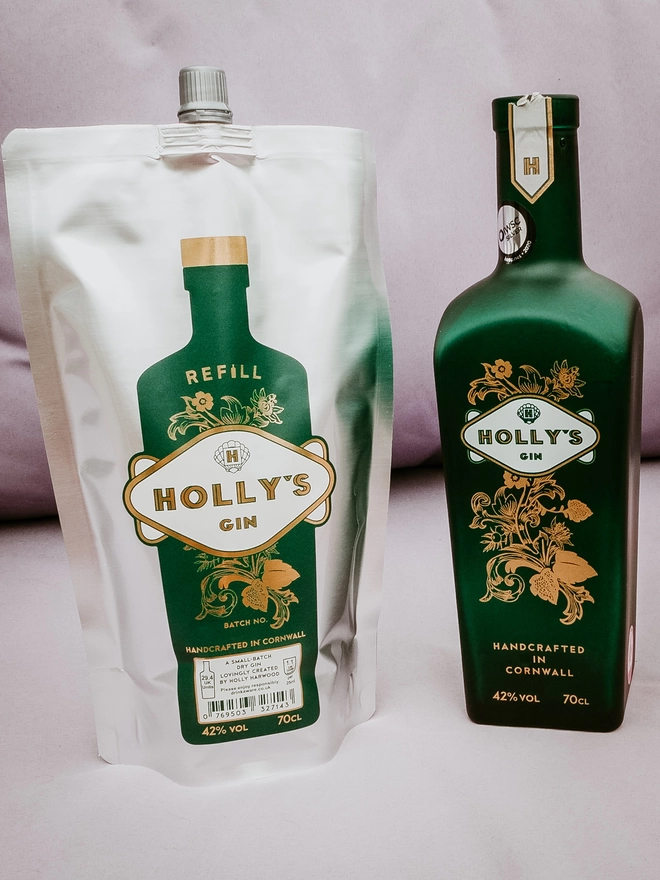 Holly's Gin refill pouch next to Holly's Gin bottle