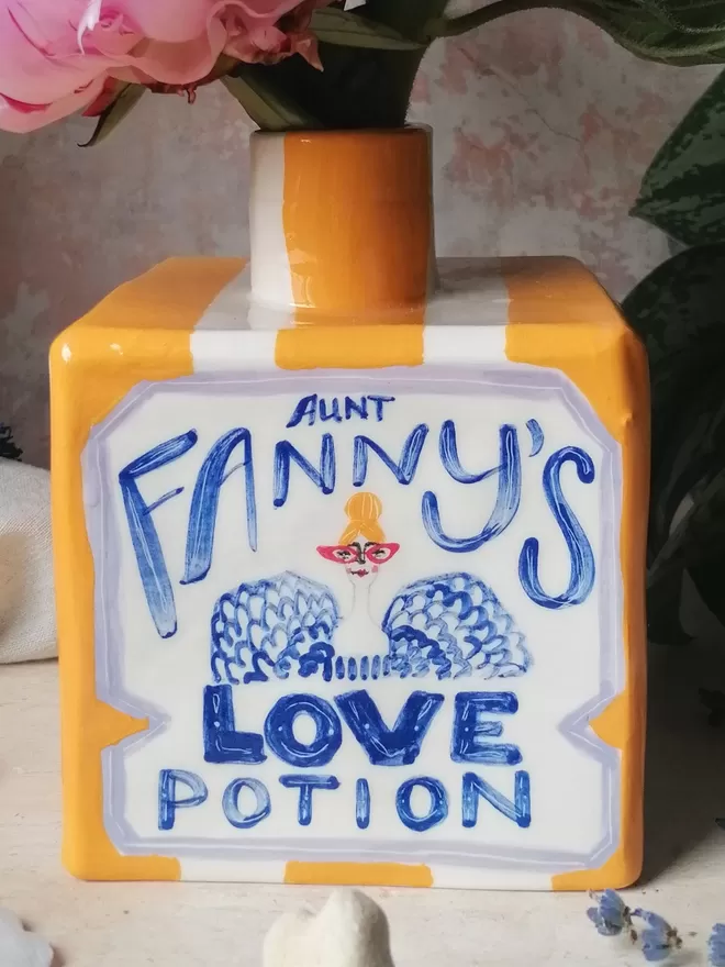 Aunt Fanny's Love Potion ceramic unique hand painted vase