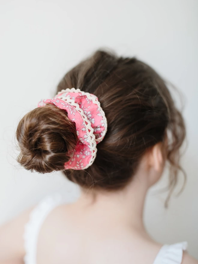 Girl with liberty and lace hair scrunchie 