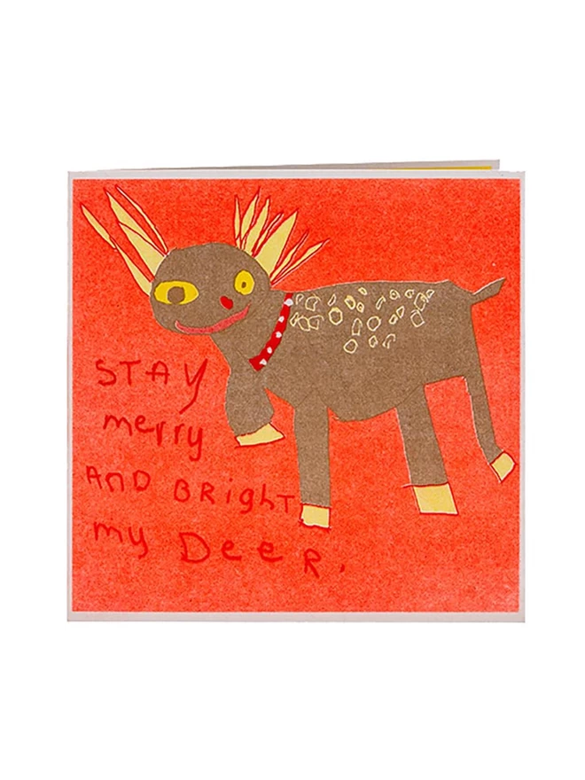 A handmade riso printed Christmas Holiday Greeting card , Stay merry and bright my deer