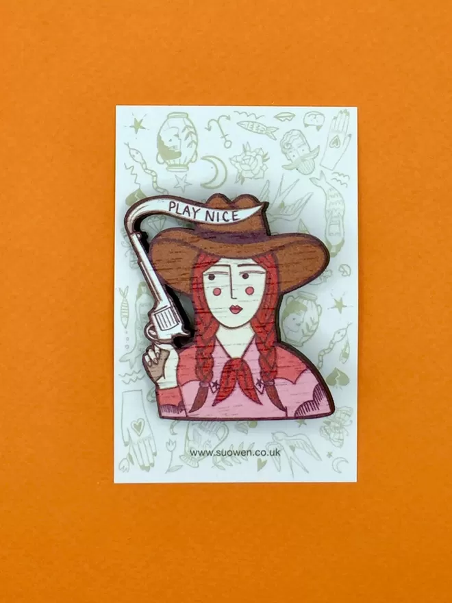 Cowgirl Wooden Brooch