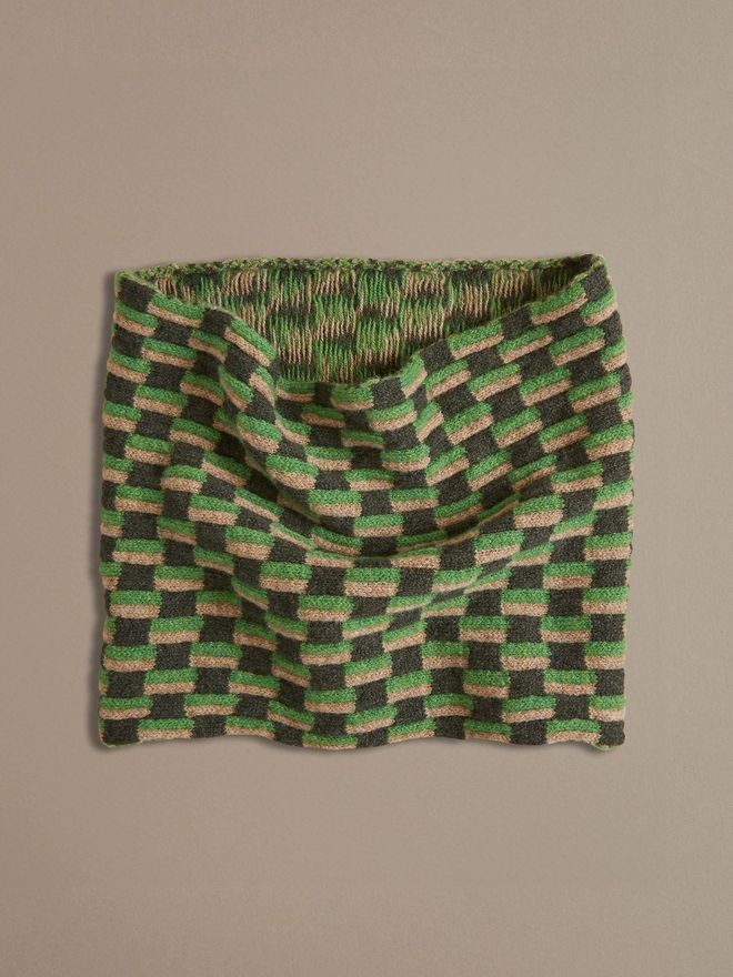 British Made Cowl Scarf in Green and Grey Chequerboard Print