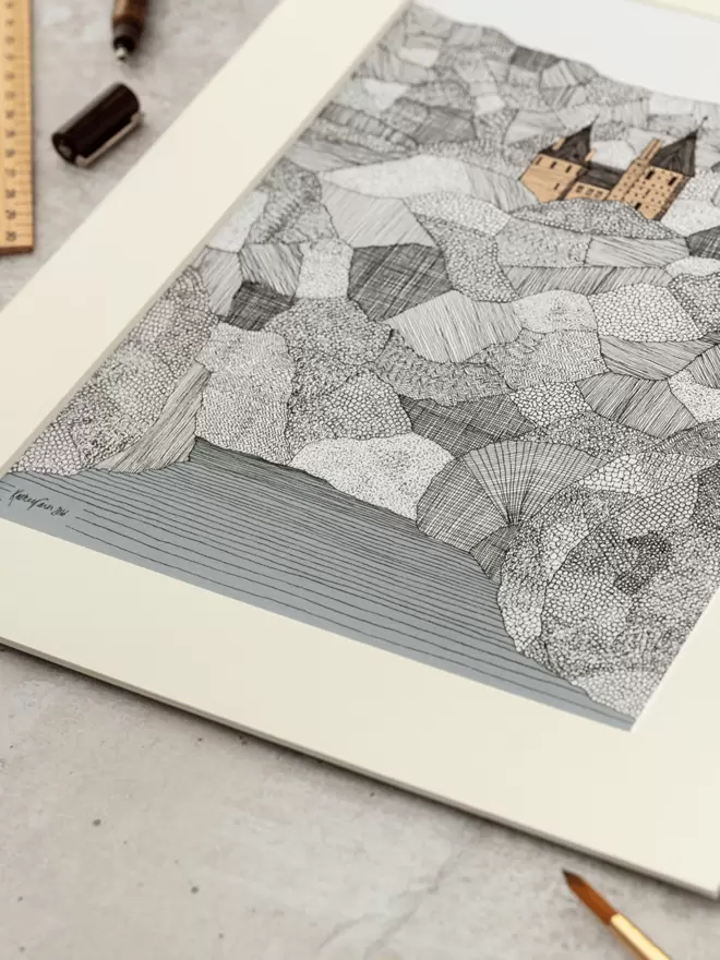 Print of detailed pen and watercolour drawing of Castell Coch, South Wales, surrounded by forest, in a soft white mount