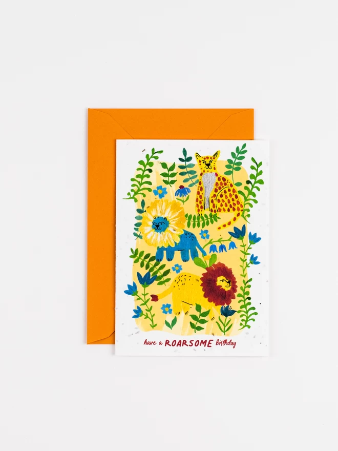 Roarsome birthday plantable card on white background