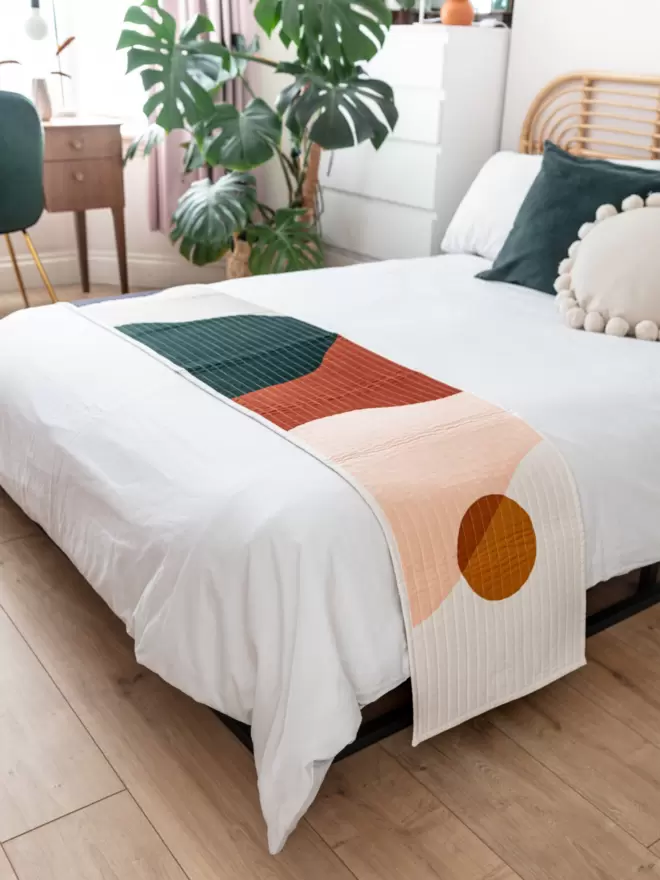 Dusk Quilt Runner Displayed On Bed In Bedroom