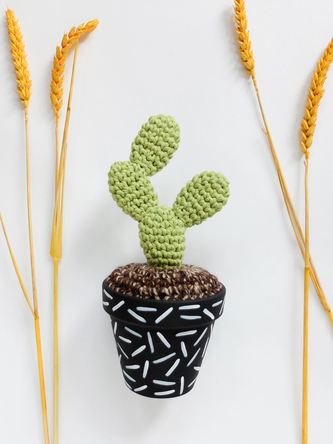 Crocheted cactus in hand-painted pot with dash design