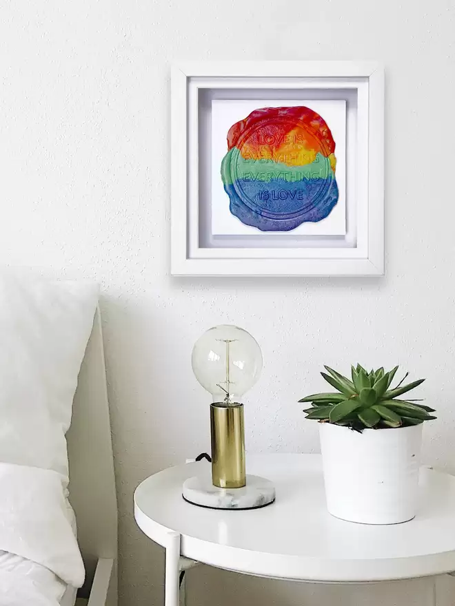     - [ ] Original artwork by Kate Mayer, Love is Everything, Everything is Love in rainbow colours, shown on a wall