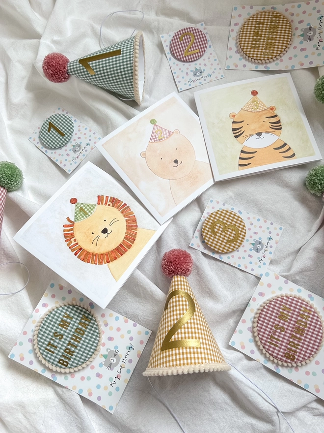 Animal Birthday Cards and Matching Gingham Party Hats and Badges