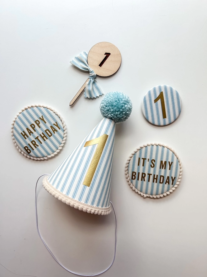 Blue Number 1 Striped Party |Hat and matching Badges and Cake Topper