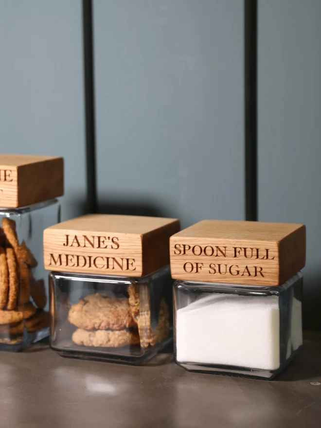 Personalised oak medicine storage jar