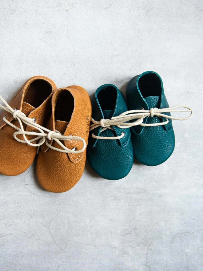 Petrol Green Natural Leather Lace-up Baby Shoes