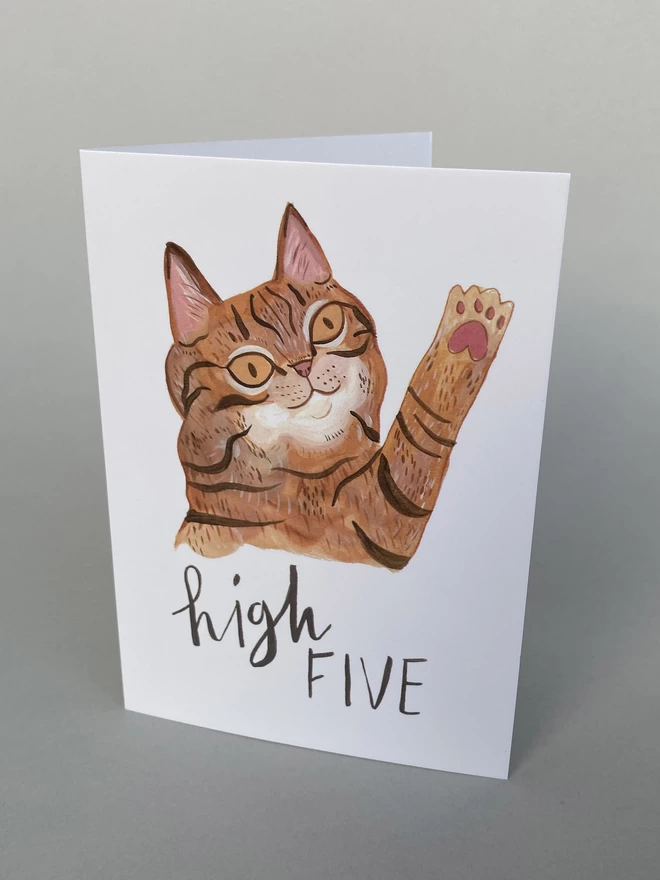 Illustrated Tabby cat giving a High Five on an A6 Greeting Card 